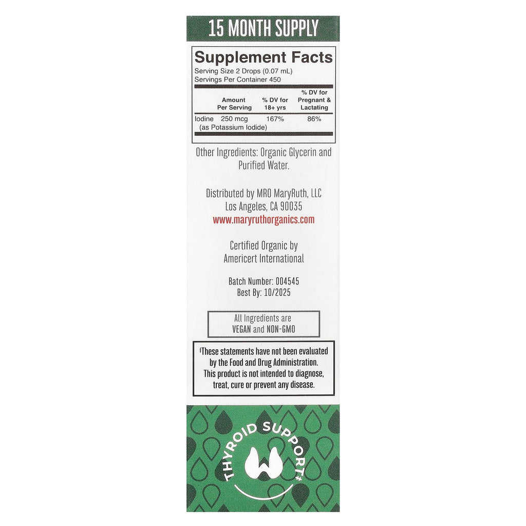 MaryRuth's, Organic Iodine Liquid Drops, Unflavored, 250 mcg, 1 fl oz (30 ml)