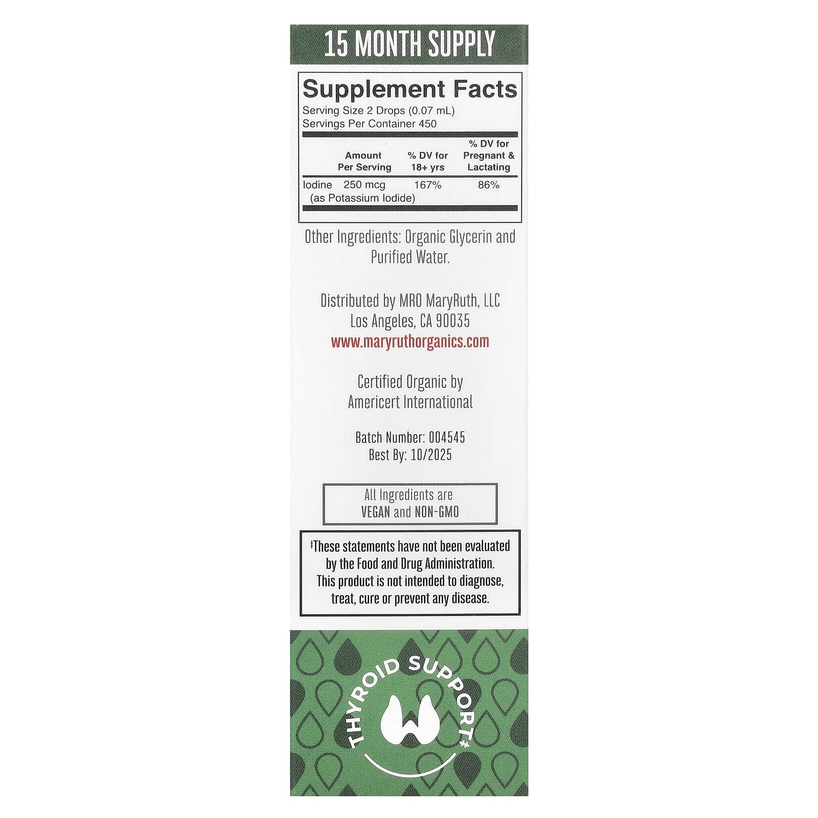 MaryRuth's, Organic Iodine Liquid Drops, Unflavored, 250 mcg, 1 fl oz (30 ml)