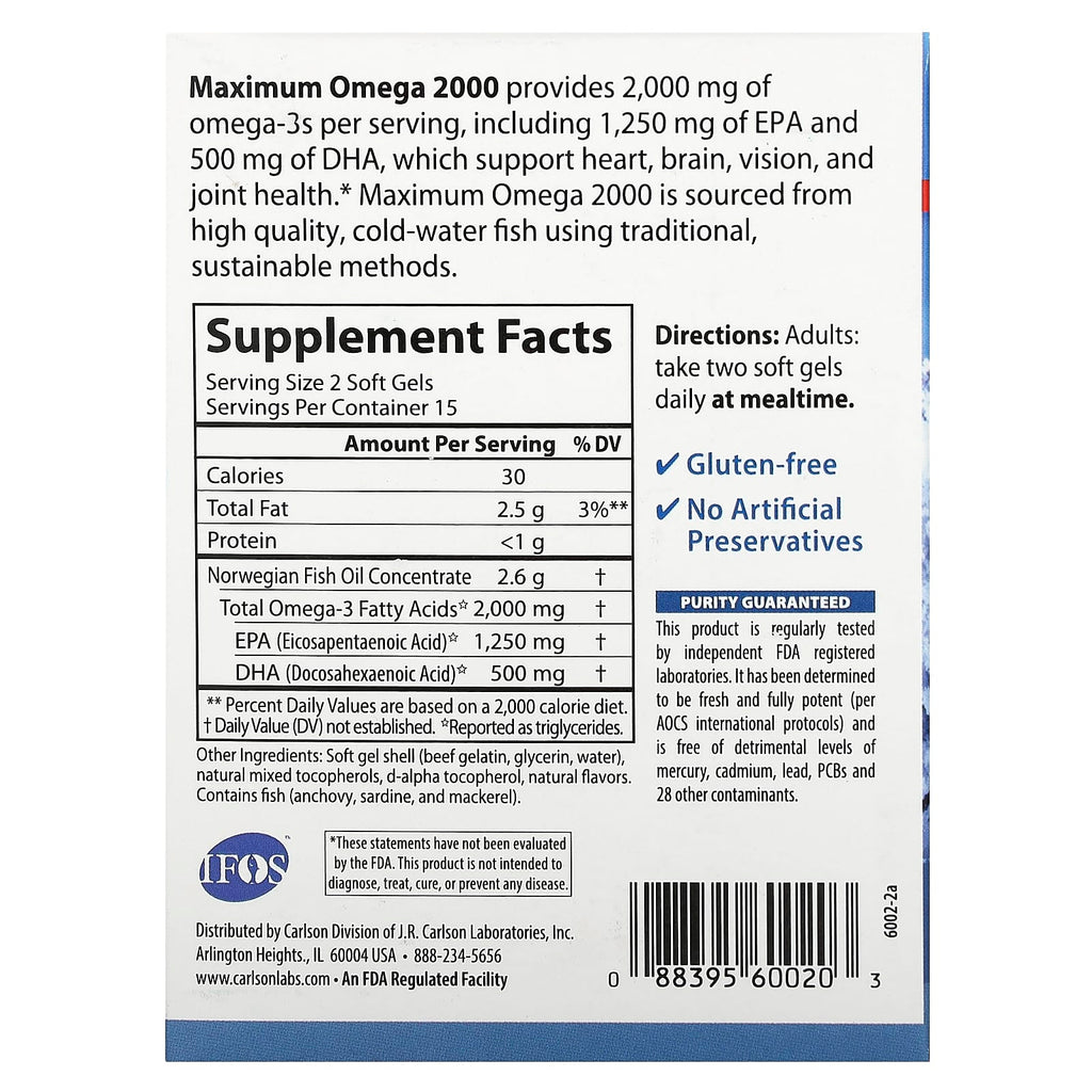 Carlson, Maximum Omega 2000, Natural Lemon, 30 Soft Gels (1,000 mg per Soft Gel)