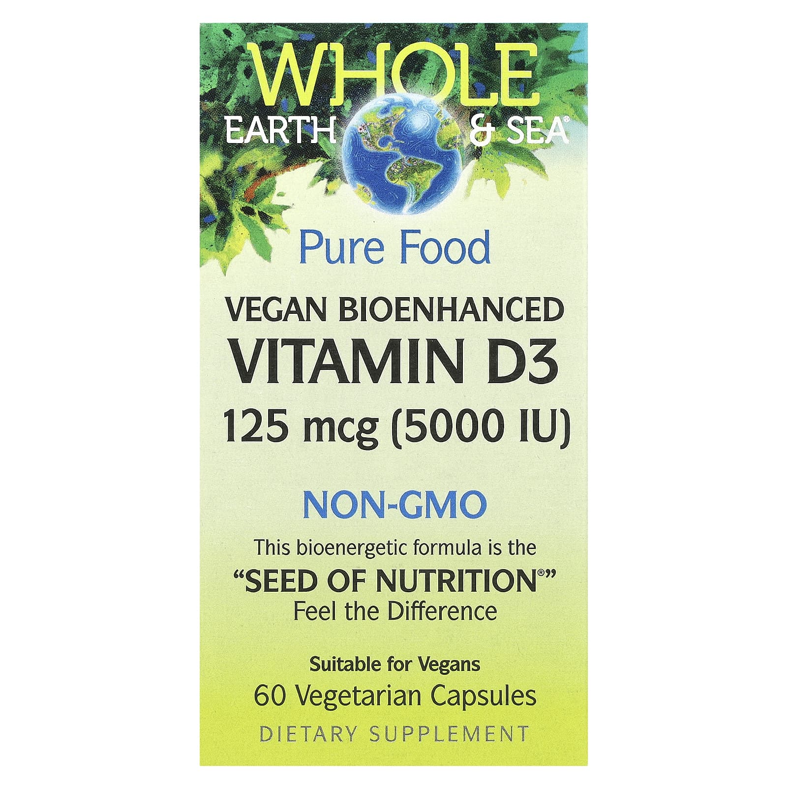 Natural Factors, Whole Earth & Sea®, Vegan Bioenhanced Vitamin D3, 125 mcg (5,000 IU), 60 Vegetarian Capsules