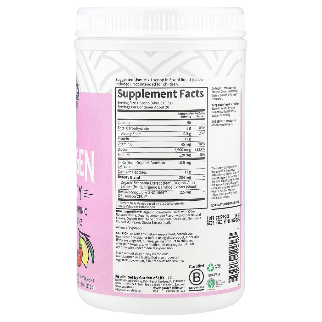 Garden of Life, Grass Fed Collagen, Beauty, Strawberry Lemonade, 9.52 oz (270 g)