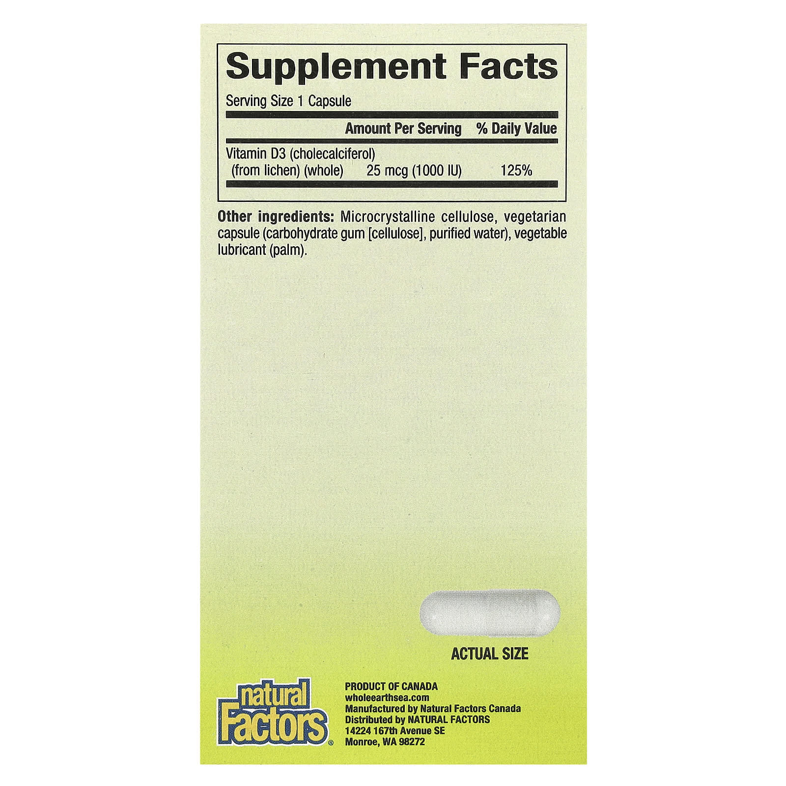 Natural Factors, Whole Earth & Sea, Vegan Bioenhanced Vitamin D3, 25 mcg (1,000 IU), 90 Vegetarian Capsules