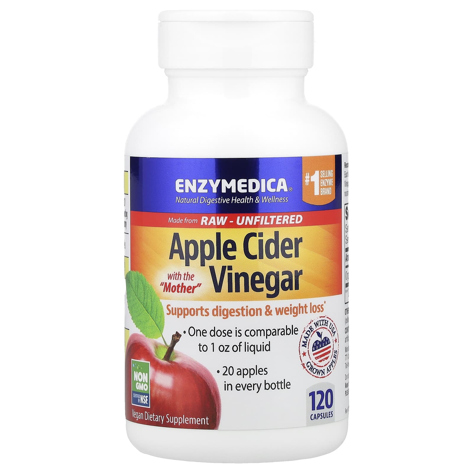 Enzymedica, Apple Cider Vinegar with the Mother, 120 Capsules (355 mg per Capsule)