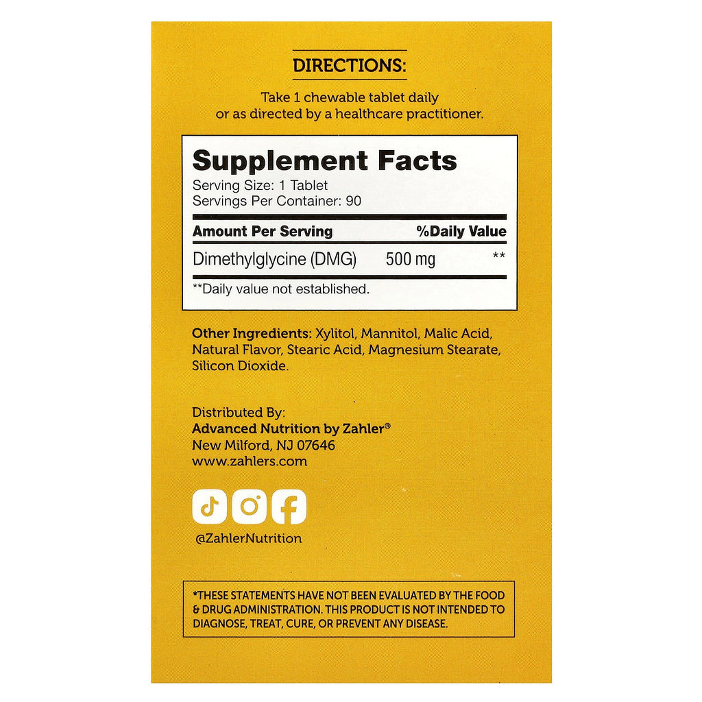 Zahler, Advanced DMG, Dimethylglycine, 500 mg, 90 Chewable Tablets