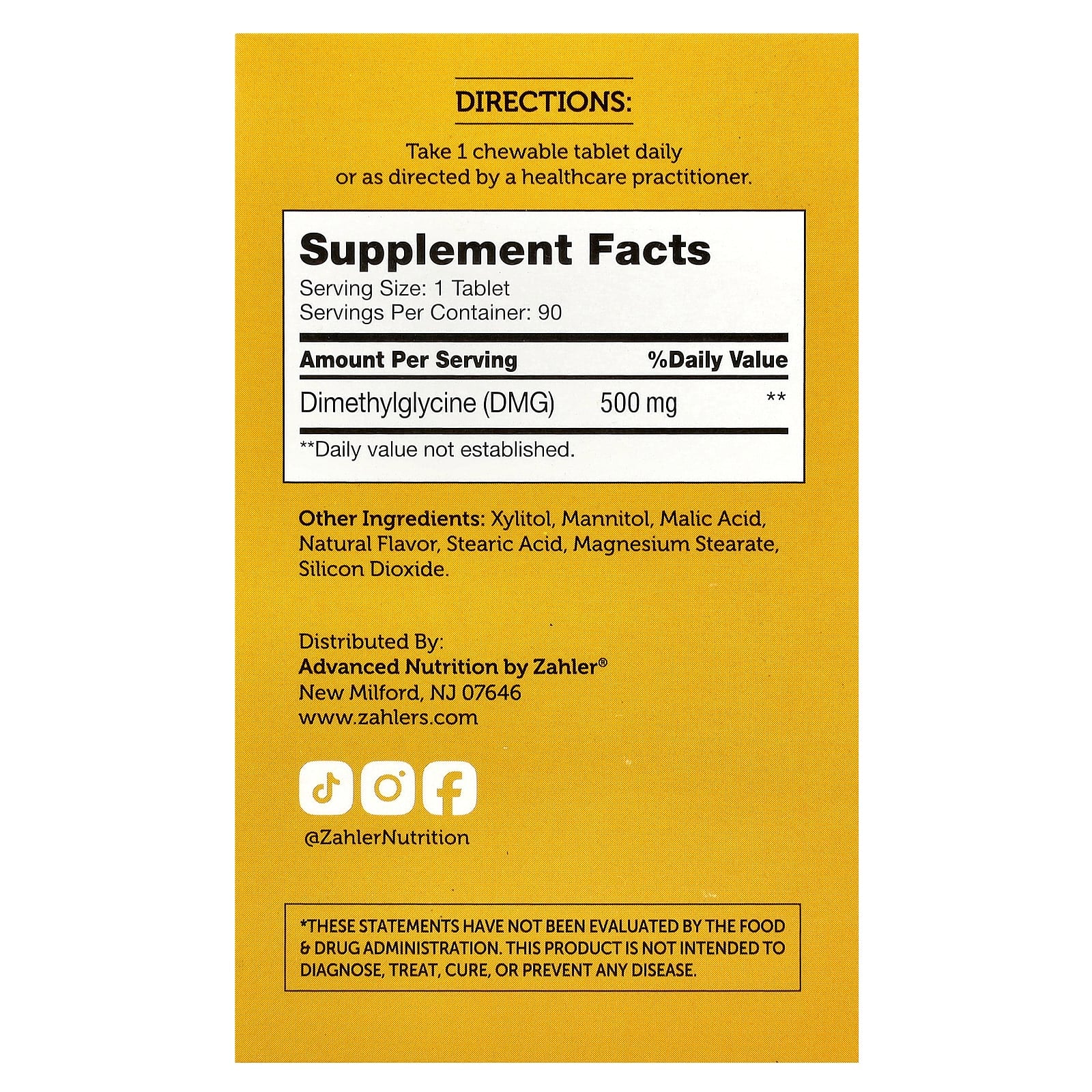 Zahler, Advanced DMG, Dimethylglycine, 500 mg, 90 Chewable Tablets