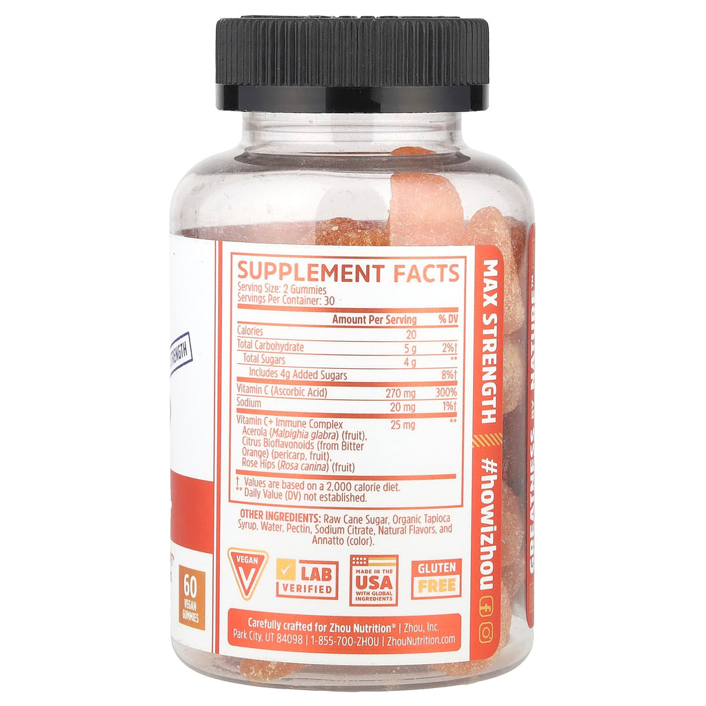 Zhou Nutrition, Vitamin C+, Orange Blast, 60 Vegan Gummies