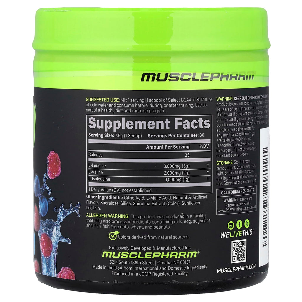 MusclePharm, Select BCAA, Blue Raspberry, 7.9 oz (225 g)