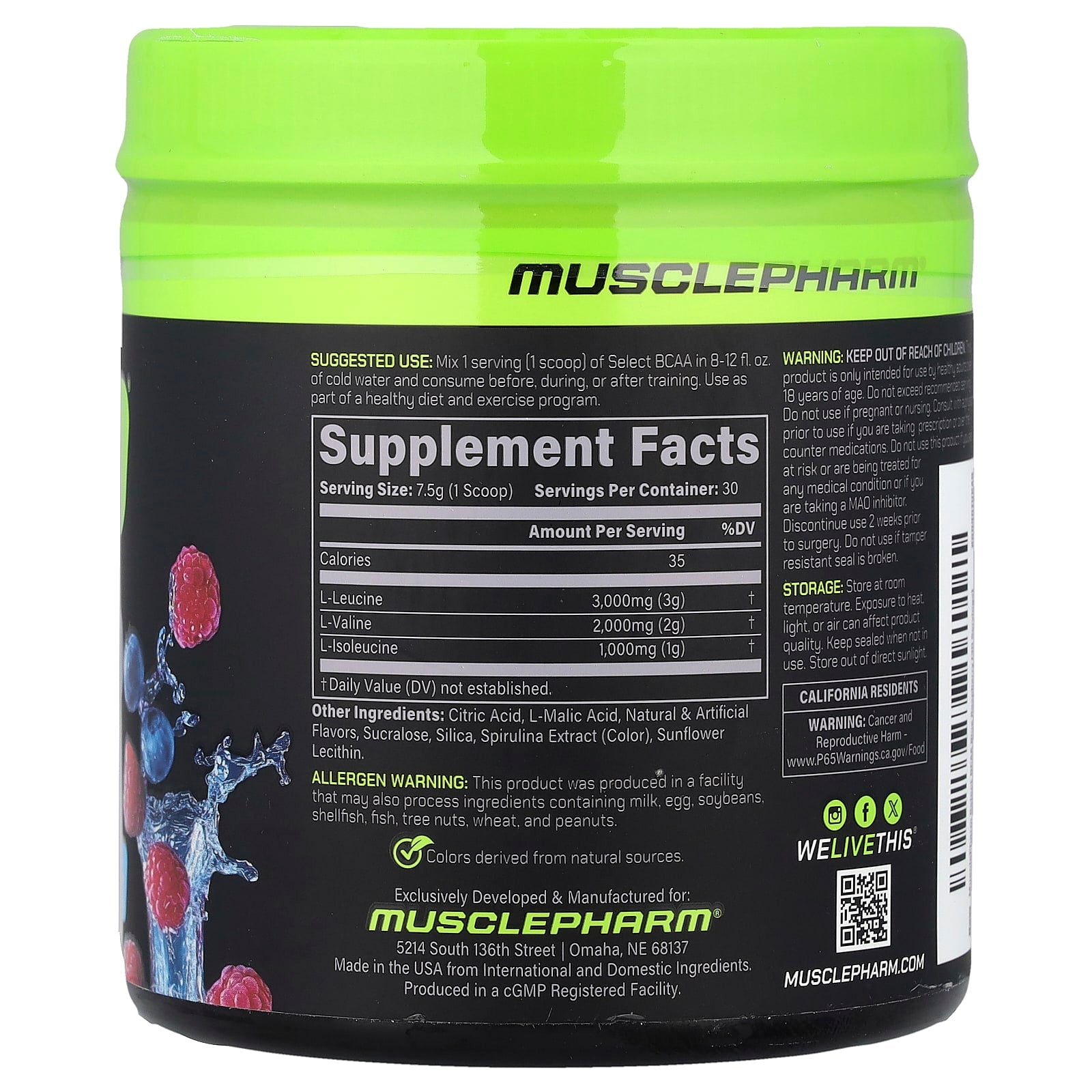 MusclePharm, Select BCAA, Blue Raspberry, 7.9 oz (225 g)
