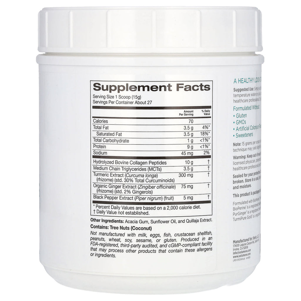 Solumeve, Hydrolyzed Collagen Peptides with Turmeric, MCT, and Ginger, 14.1 oz (400 g)