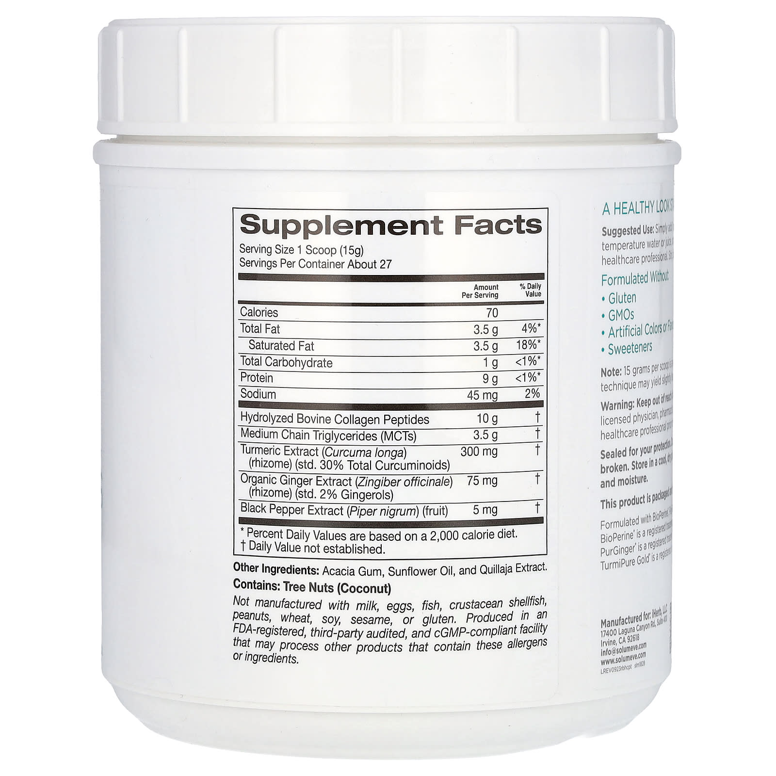Solumeve, Hydrolyzed Collagen Peptides with Turmeric, MCT, and Ginger, 14.1 oz (400 g)