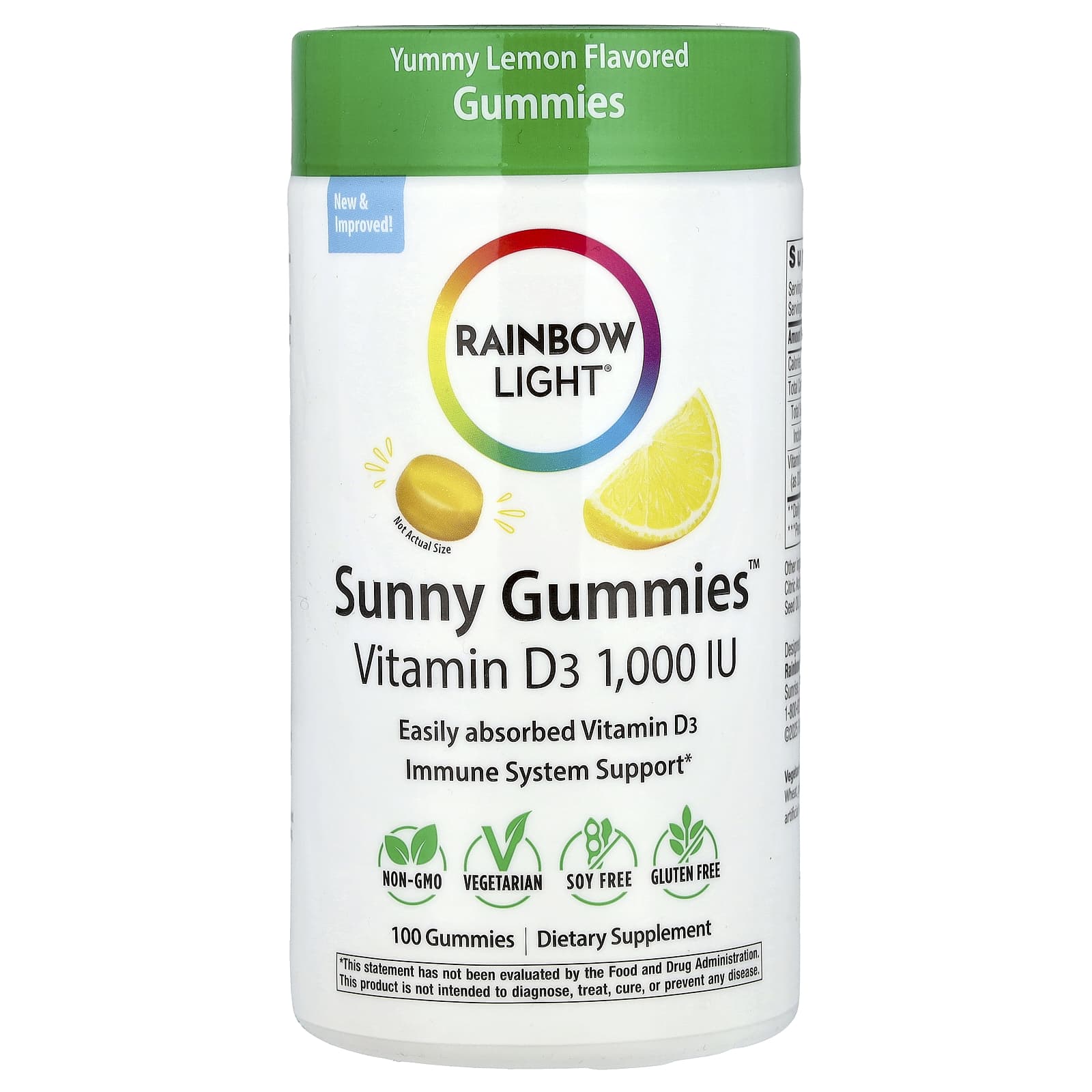 Rainbow Light, Sunny Gummies™, Vitamin D3, Yummy Lemon, 25 mcg (1,000 IU), 100 Gummies