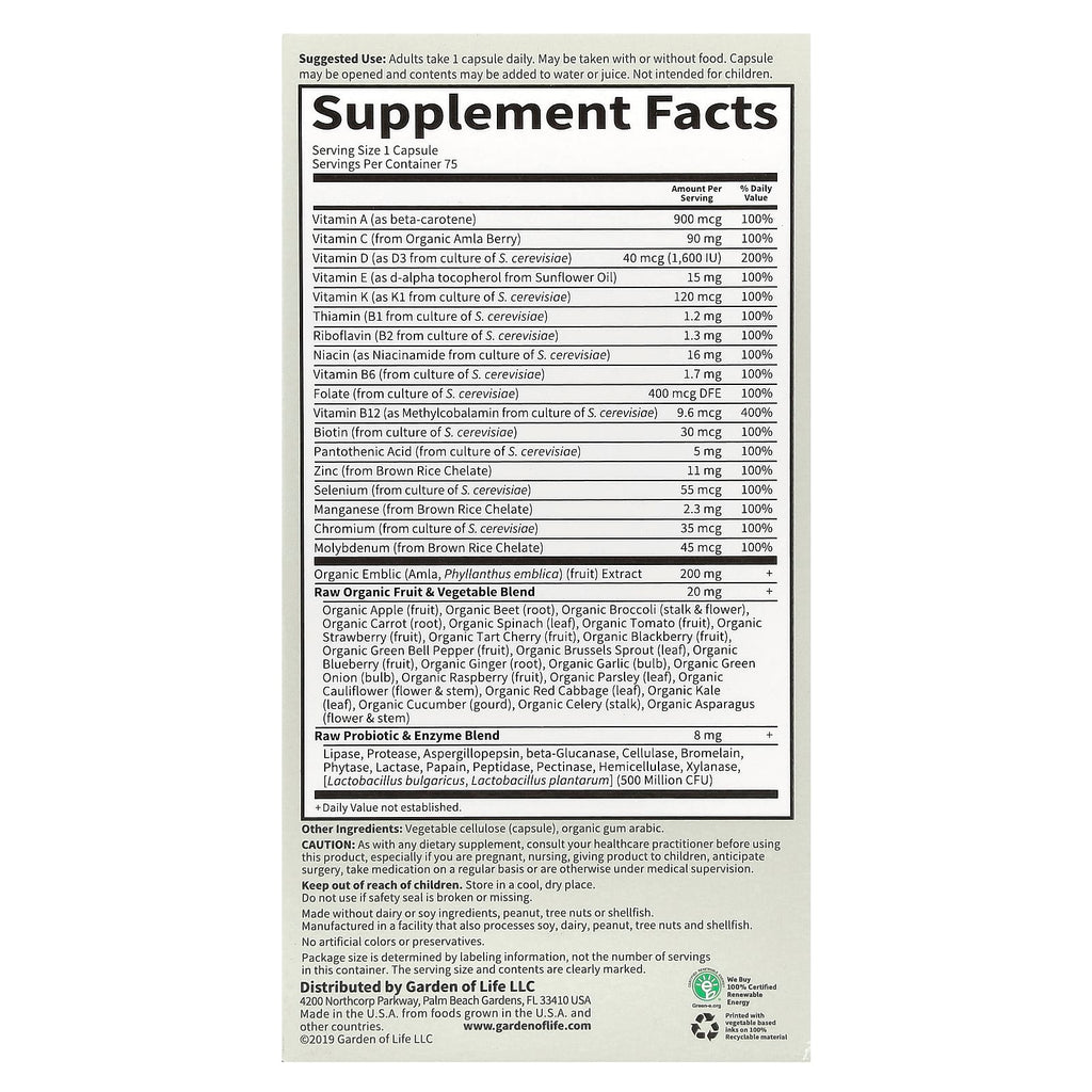 Garden of Life, Vitamin Code®, RAW One™, Once Daily Multivitamin For Men, 75 Vegetarian Capsules