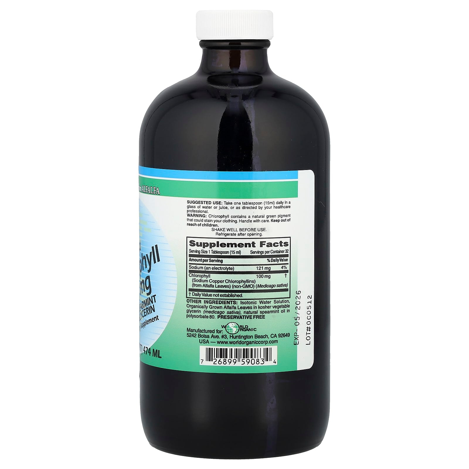 World Organic, Liquid Chlorophyll with Spearmint and Glycerin, 100 mg, 16 fl oz (474 ml)