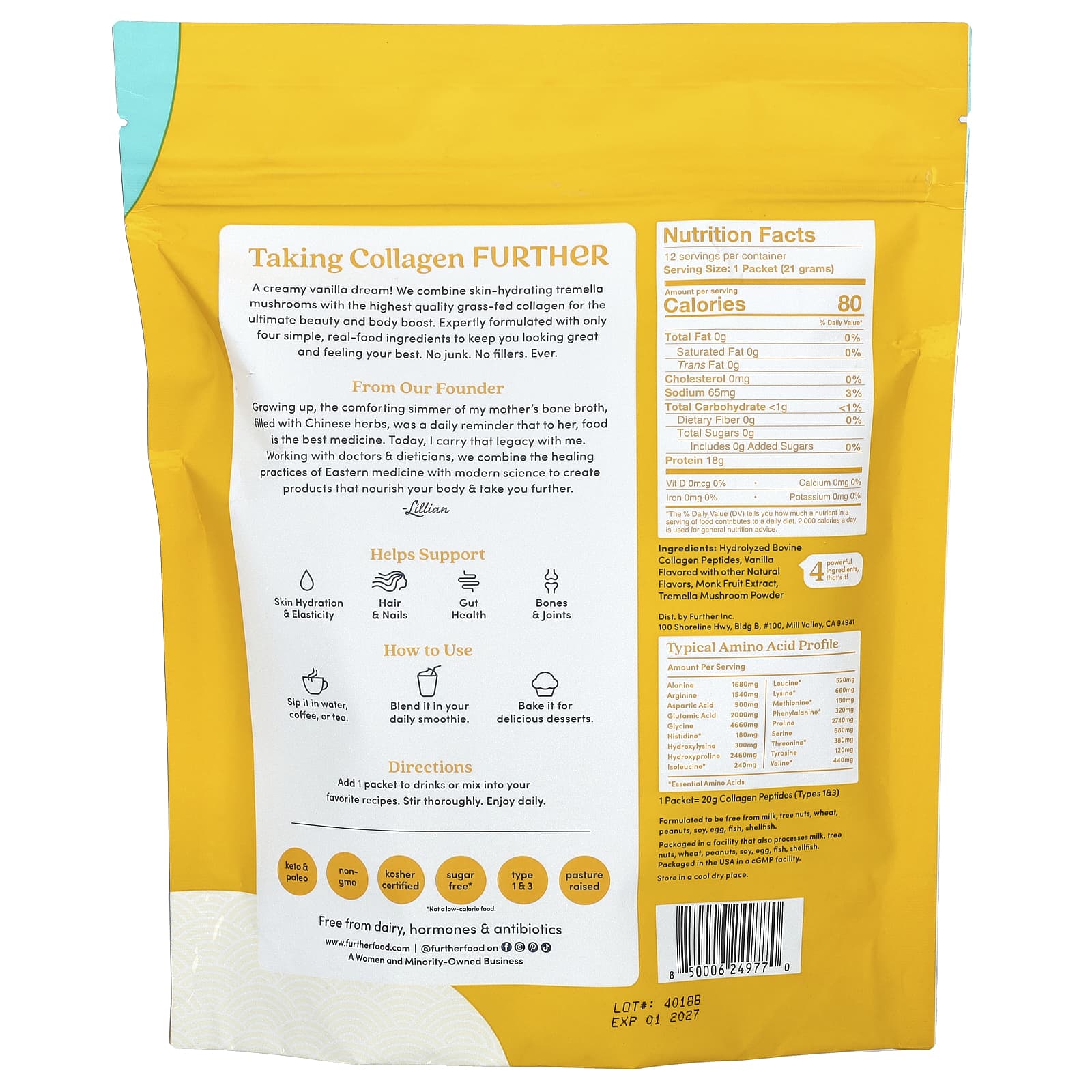 Further Food, Grass-Fed Collagen Peptides, Vanilla, 12 Packets, 0.74 oz (21 g) Each