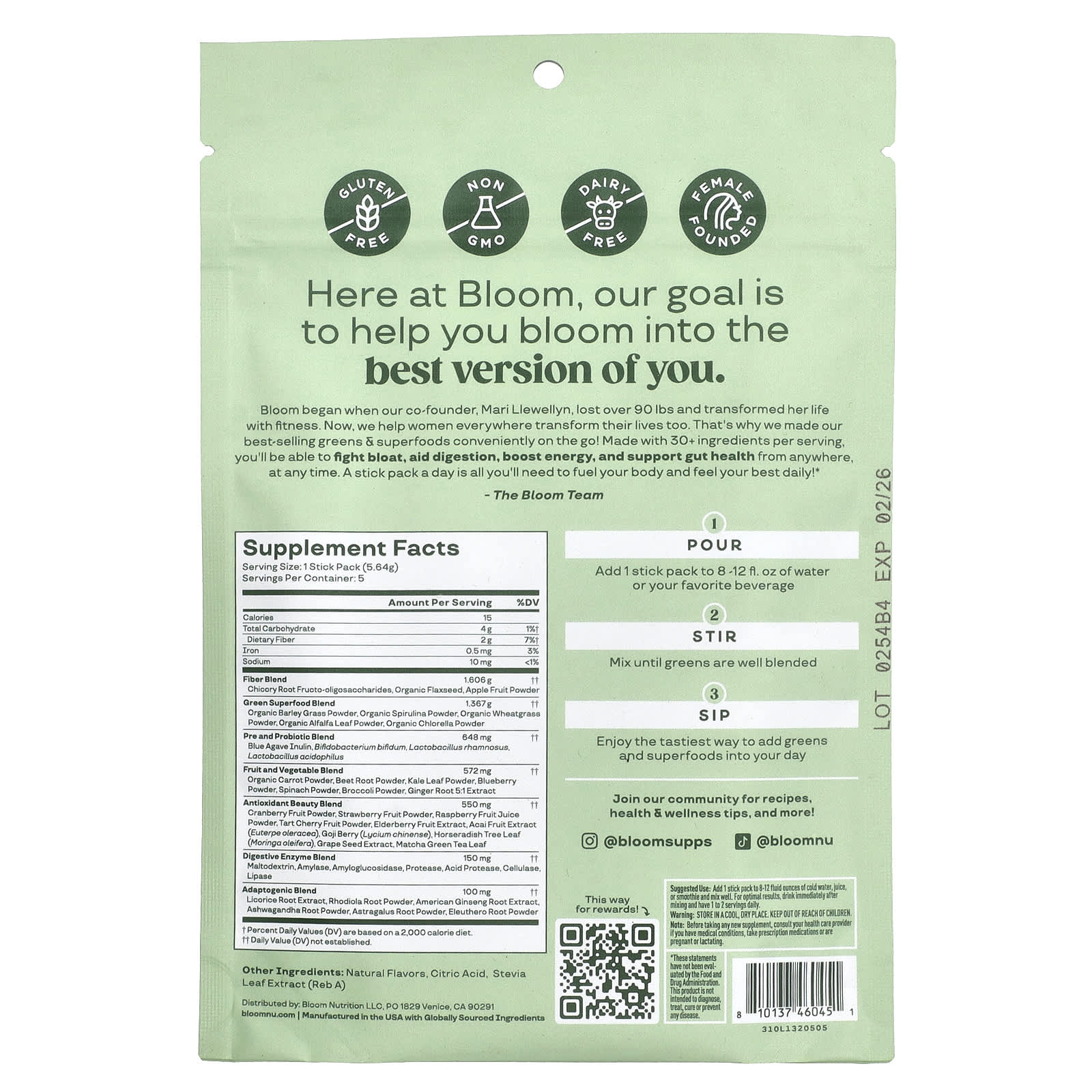 Bloom, Greens & Superfoods, Mango, 5 Stick Packs, 0.2 oz (5.64 g) Each