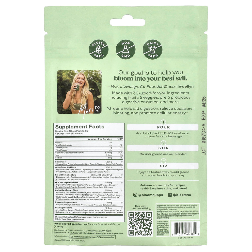 Bloom, Greens & Superfoods, Coconut, 5 Stick Packs, 0.19 oz (5.44 g) Each