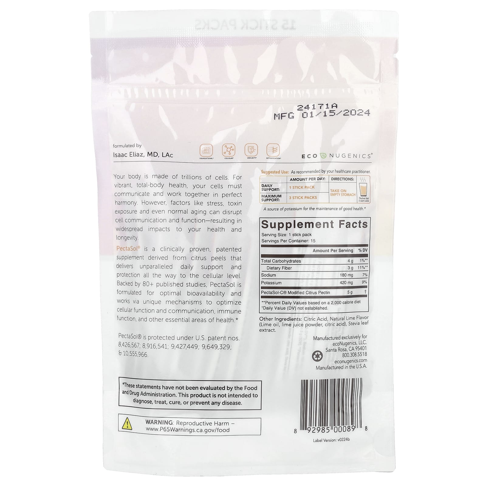 Econugenics, PectaSol® Modified Citrus Pectin, 15 Stick Packs, 0.22 oz (6.1 g) Each