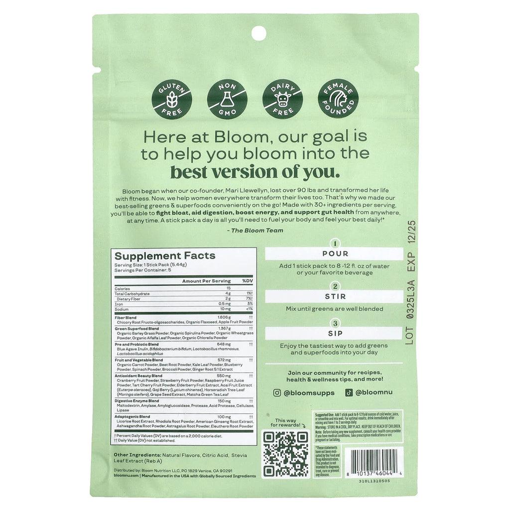 Bloom, Greens & Superfoods, Berry , 5 Stick Packs, 0.19 oz (5.44 g) Each