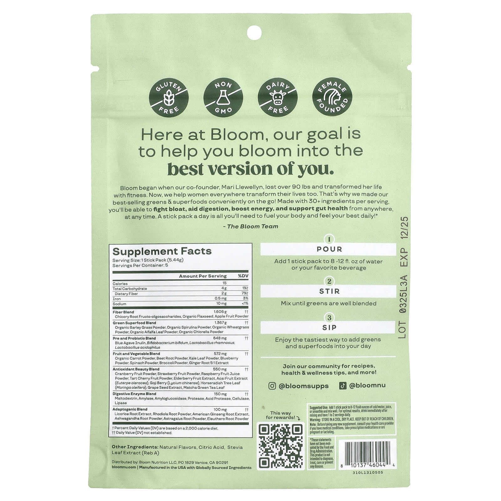 Bloom, Greens & Superfoods, Berry , 5 Stick Packs, 0.19 oz (5.44 g) Each