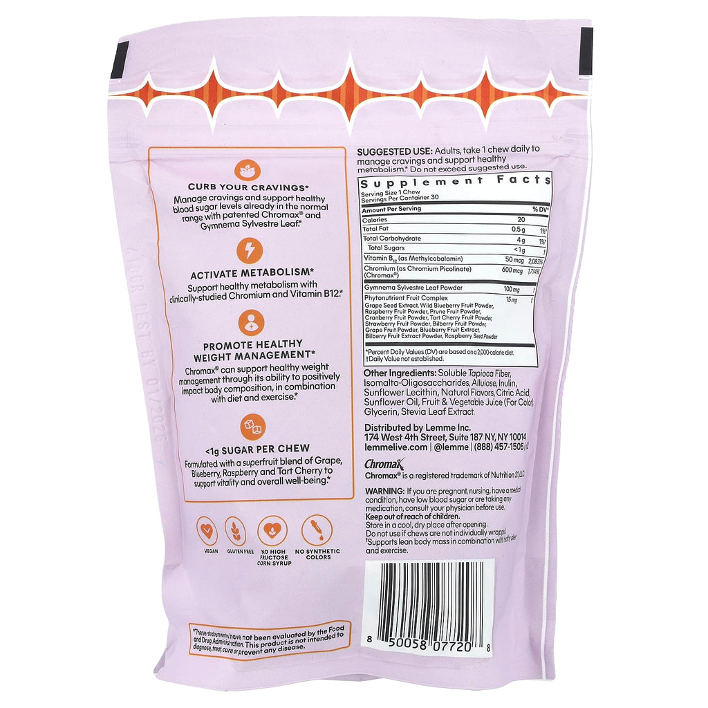 Lemme, Curb, Cravings & Lean Body Mass Support Soft Chews, Mixed Fruit, 30 Individually Wrapped Chews