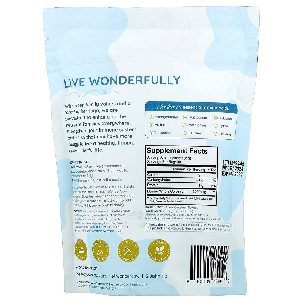 Wondercow, Colostrum Powder, Unflavored, 30 Packets, 0.07 oz (2 g) Each