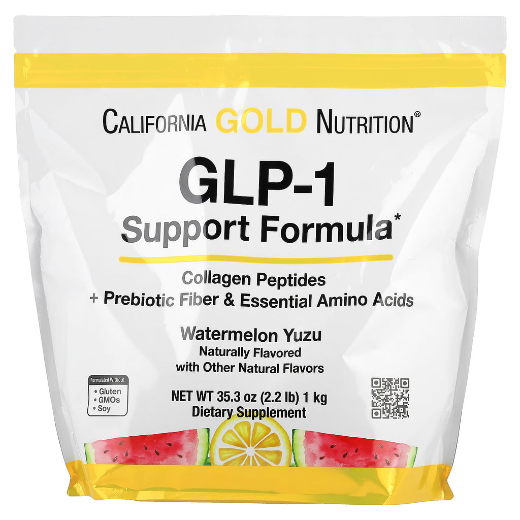 California Gold Nutrition, GLP-1 Support Formula with Hydrolyzed Marine Collagen Peptides, Prebiotic Digestive Resistant Fiber Blend and Leucine Enriched Essential Amino Acids Blend, Watermelon Yuzu, 2.2 lb (1 kg)
