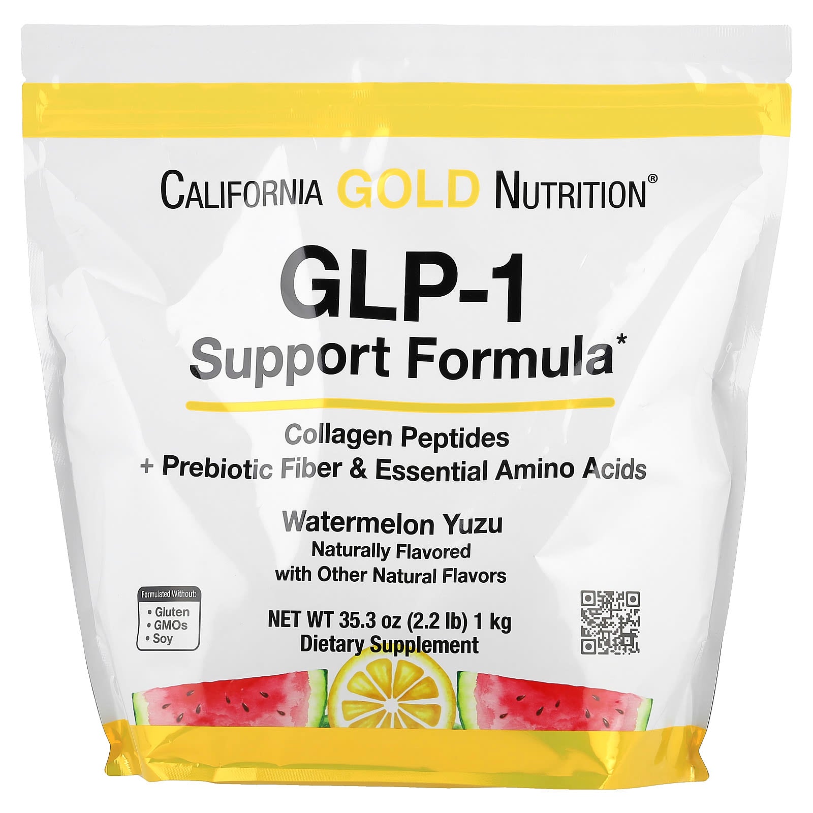 California Gold Nutrition, GLP-1 Support Formula with Hydrolyzed Marine Collagen Peptides, Prebiotic Digestive Resistant Fiber Blend and Leucine Enriched Essential Amino Acids Blend, Watermelon Yuzu, 2.2 lb (1 kg)
