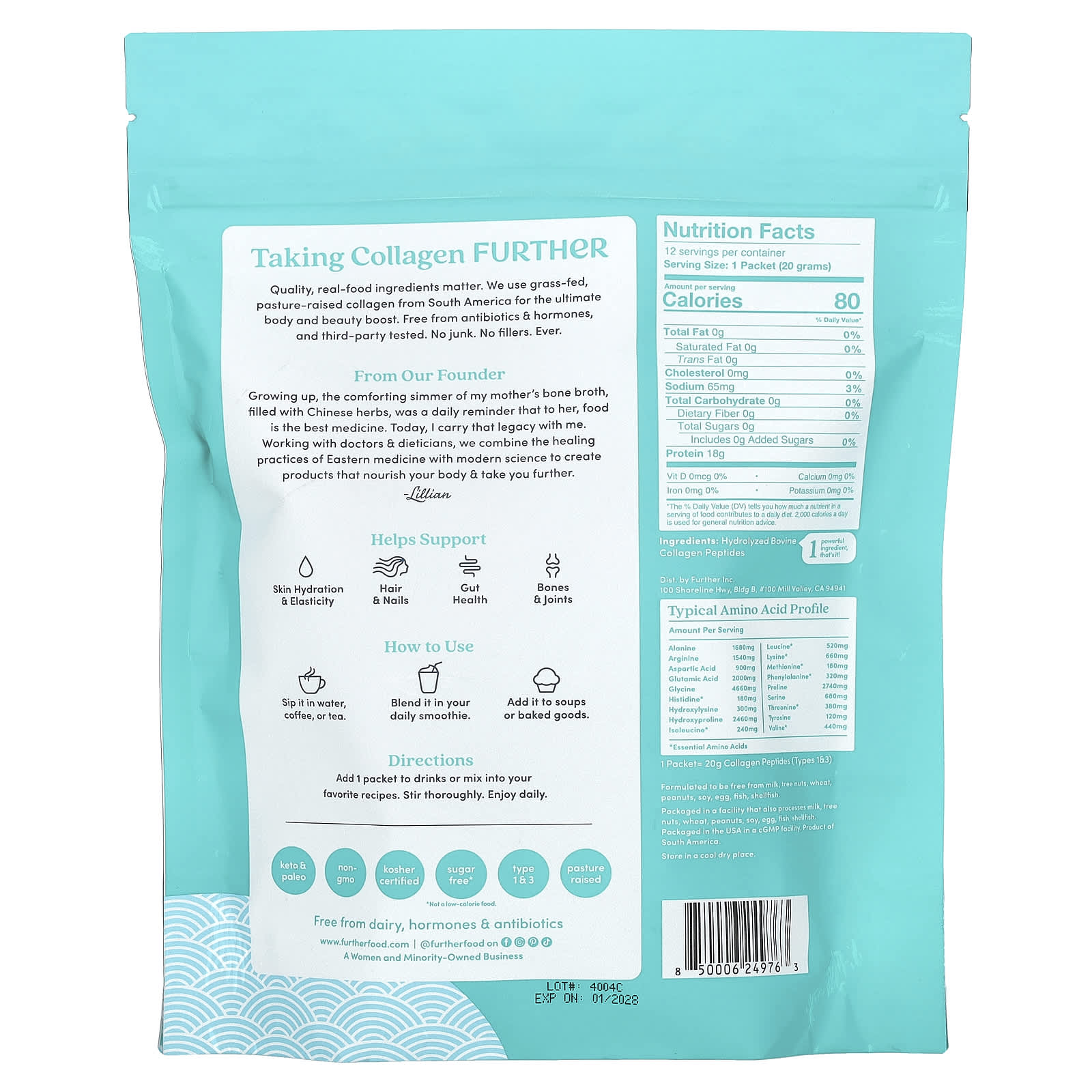 Further Food, Grass-Fed Collagen Peptides, Unflavored, 12 Packets, 0.71 oz (20 g) Each