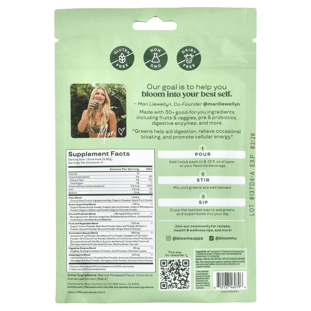 Bloom, Greens & Superfoods, Pineapple, 5 Stick Packs, 0.21 oz (5.82 g) Each
