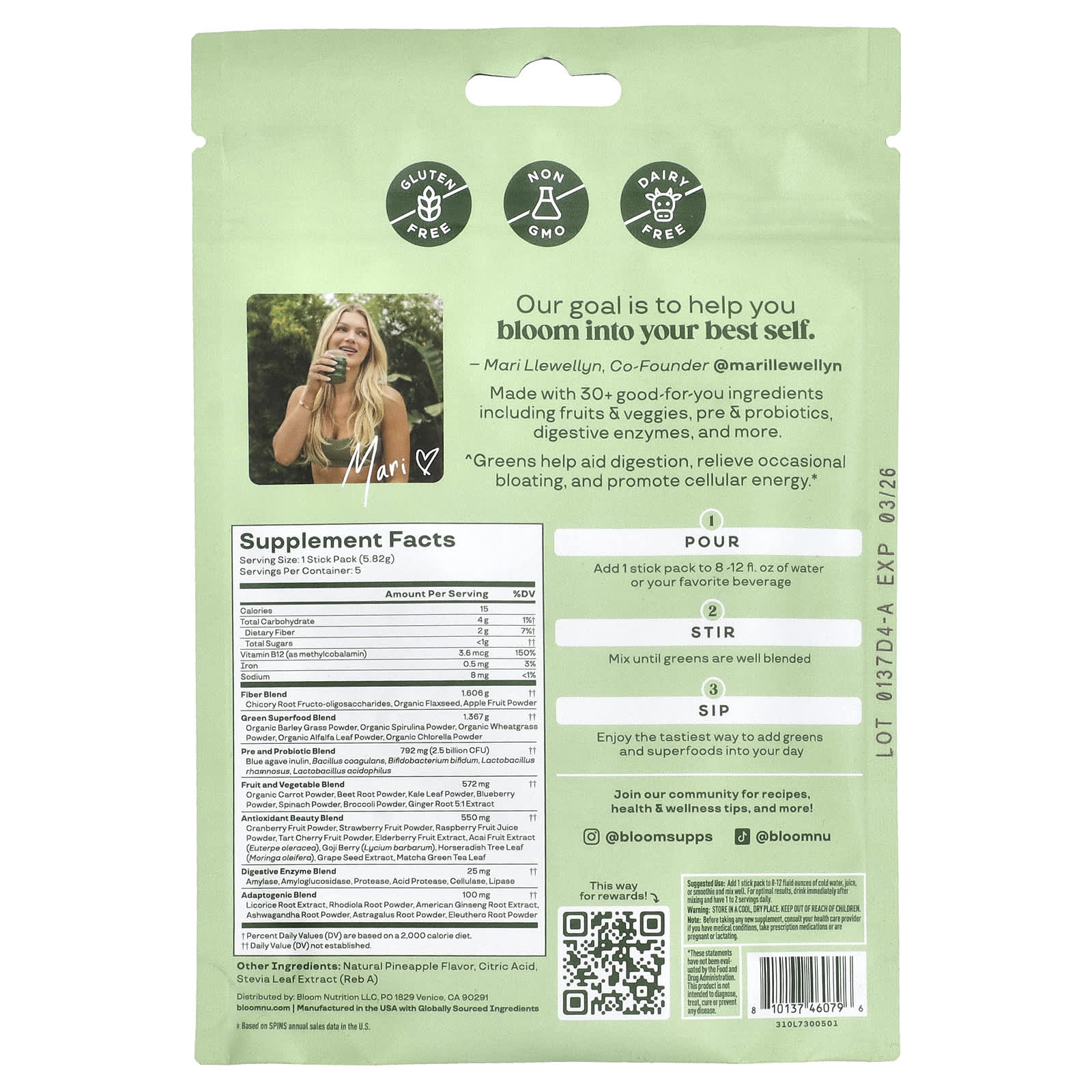 Bloom, Greens & Superfoods, Pineapple, 5 Stick Packs, 0.21 oz (5.82 g) Each
