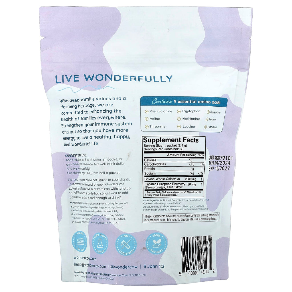 Wondercow, Colostrum Powder, Elderberry, 30 Packets, 0.08 oz (2.4 g) Each