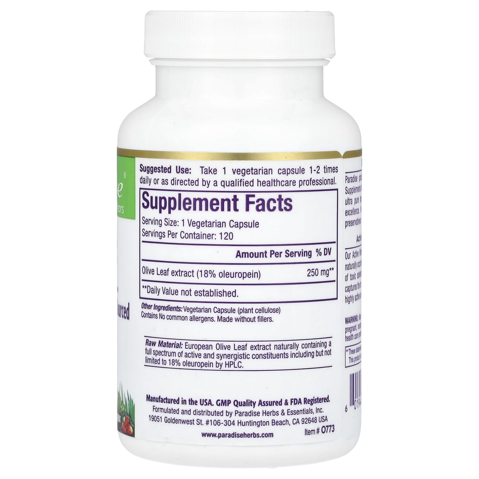 Paradise Herbs, Olive Leaf, 120 Vegetarian Capsules (250 mg per Capsule)