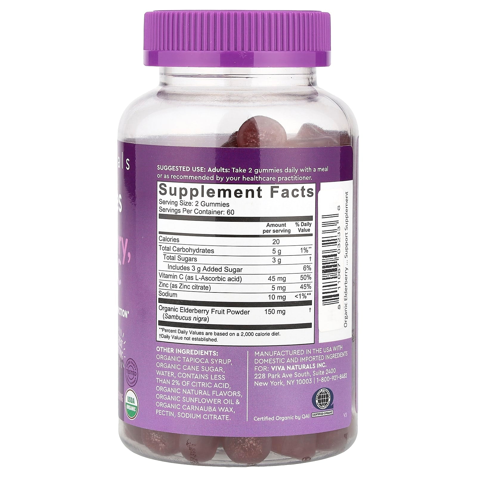 Viva Naturals, Organic Elderberry, Vitamin C + Zinc Gummies, Raspberry Rush, 120 Gummies
