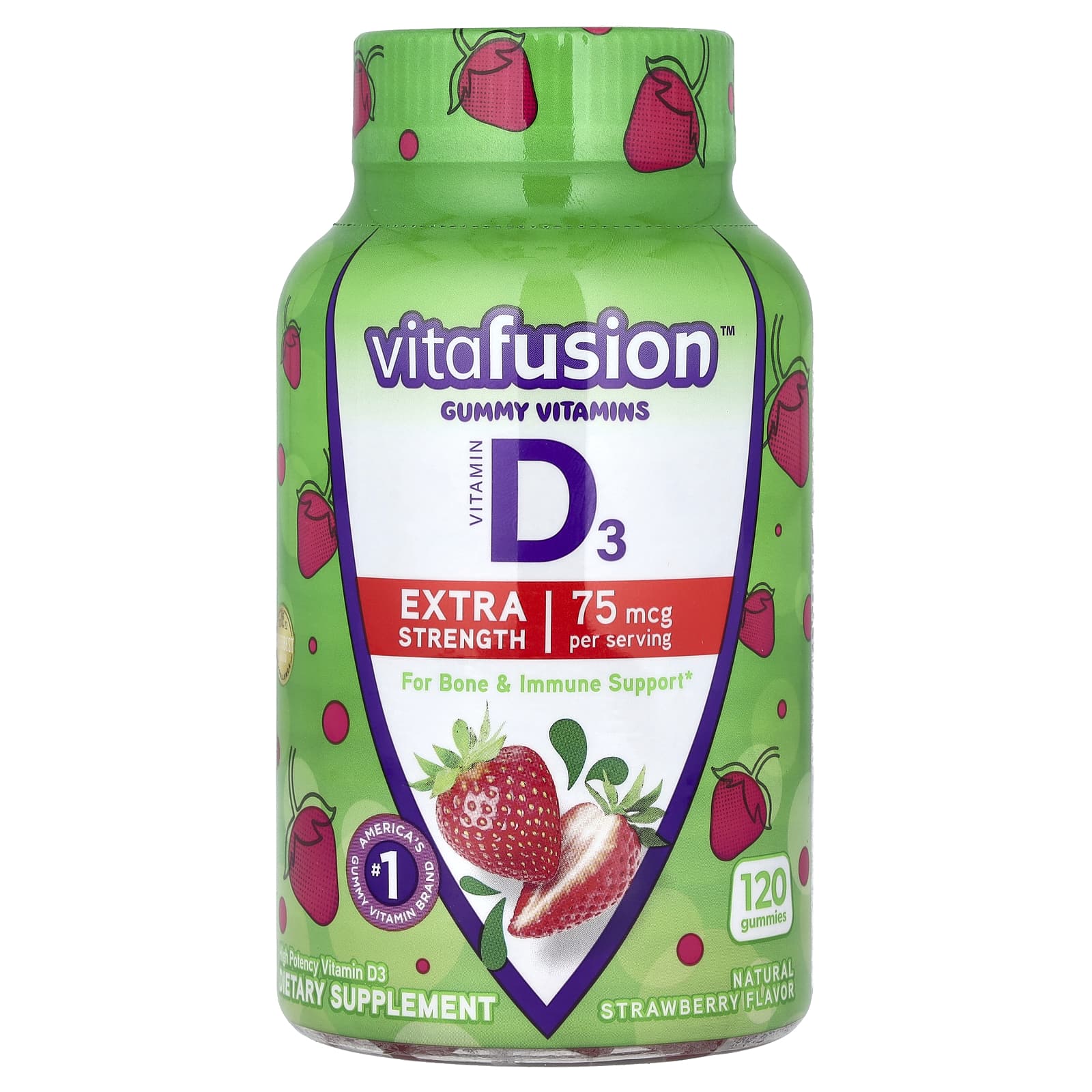 VitaFusion, Gummy Vitamins, Vitamin D3, Natural Strawberry, 75 mcg, 120 Gummies (37.5 mcg per Gummy)