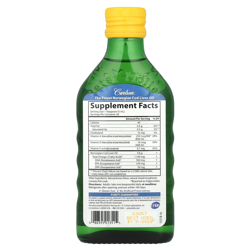Carlson, Wild Norwegian, Cod Liver Oil, Natural Lemon, 8.4 fl oz (250 ml)