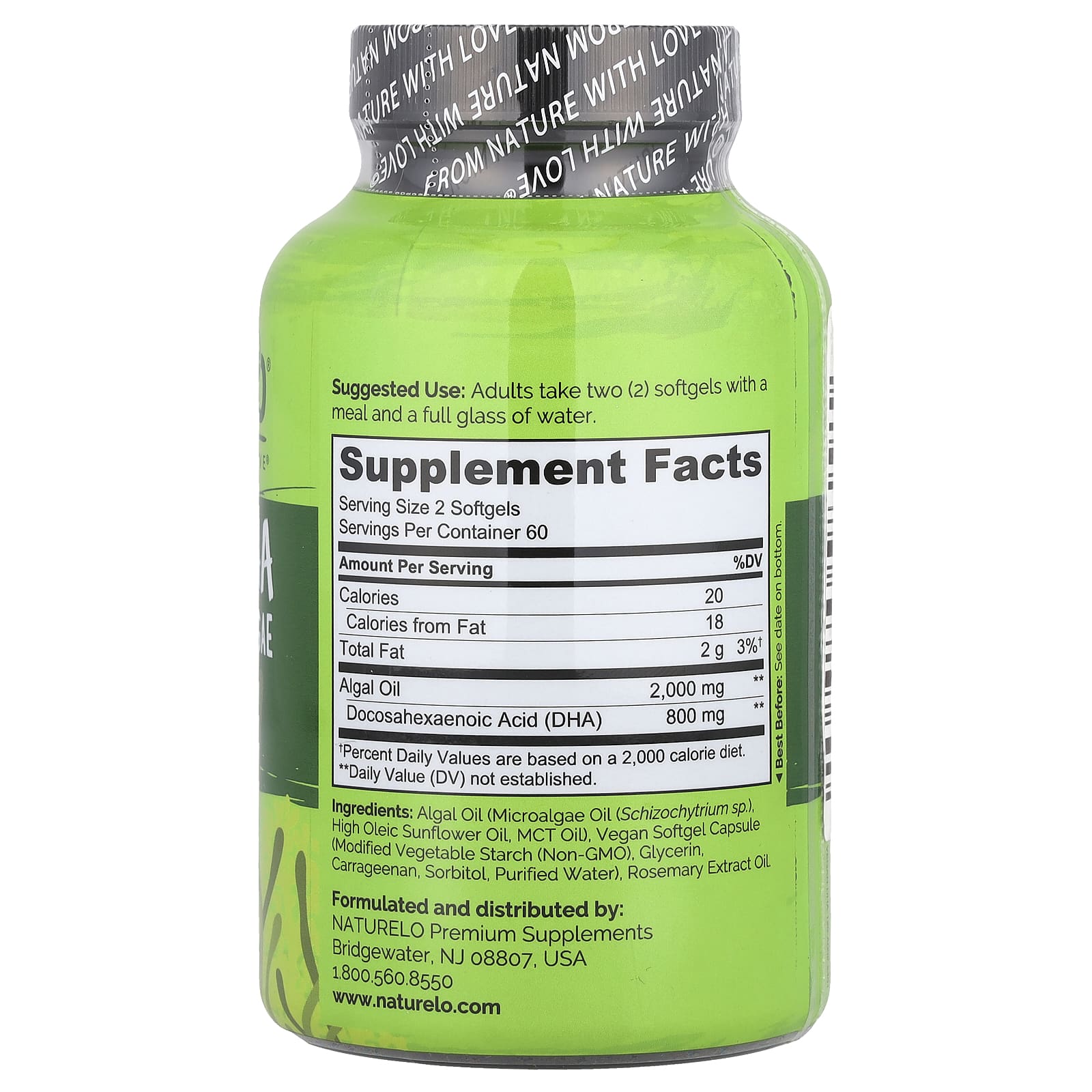 NATURELO, Vegan DHA, Omega-3 from Algae, 120 Vegan Softgels (400 mg per Softgel)
