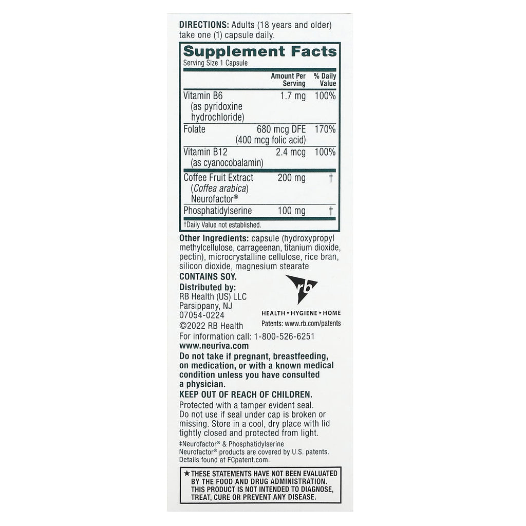 Schiff, Neuriva Brain Health, Plus Vitamins B6, B12 & Folic Acid, 30 Capsules