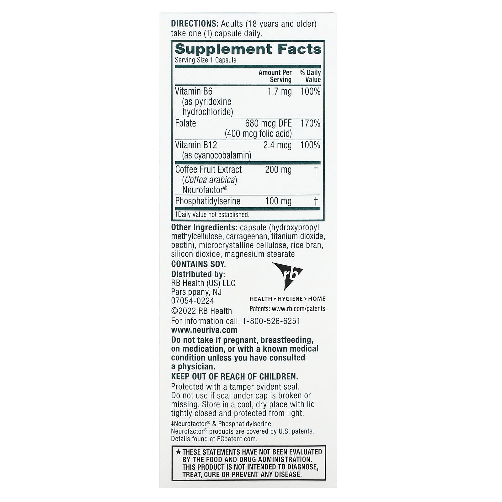 Schiff, Neuriva Brain Health, Plus Vitamins B6, B12 & Folic Acid, 30 Capsules