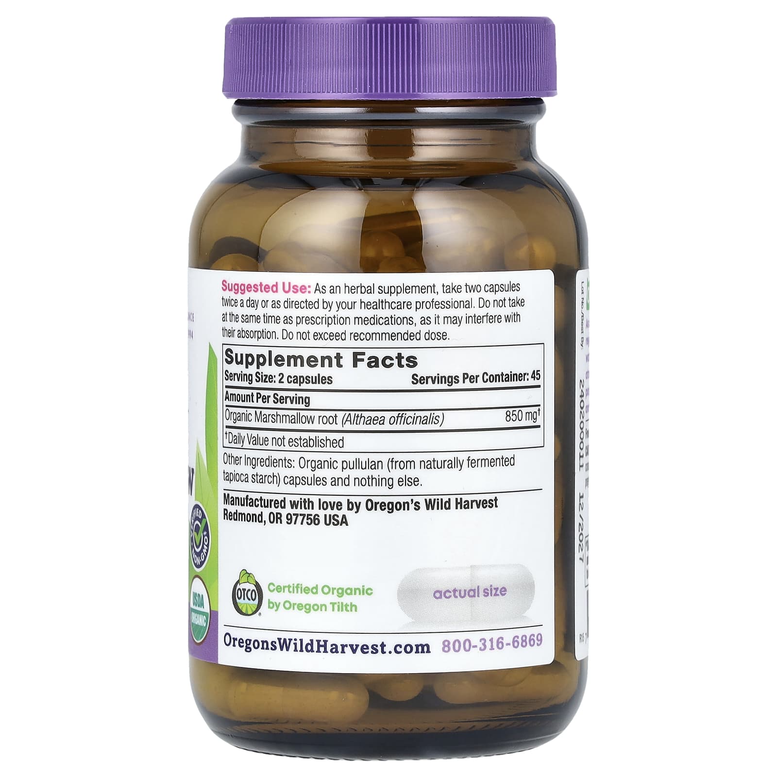 Oregon's Wild Harvest, Organic Marshmallow, 90 Organic Vegan Capsules (425 mg per Capsule)