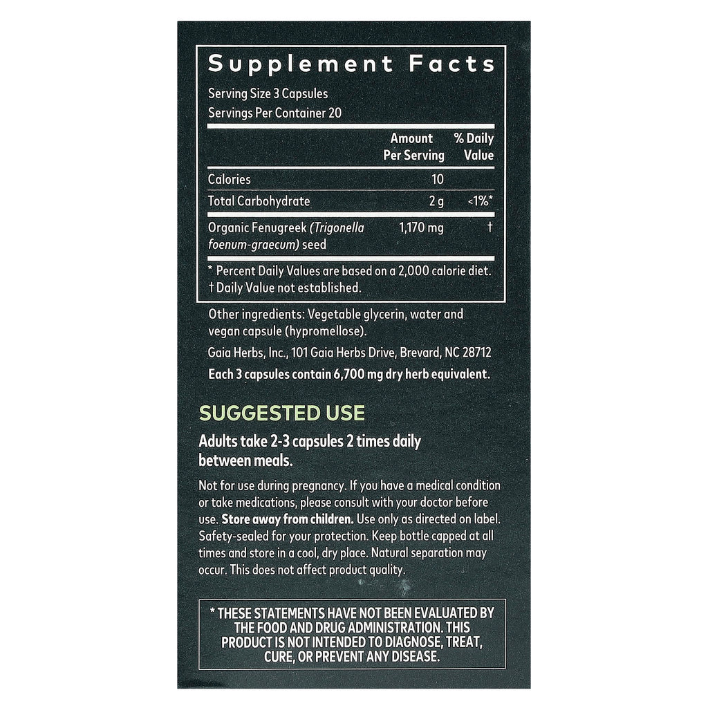 Gaia Herbs, Fenugreek Seed for Women, 60 Vegan Liquid Phyto-Caps (390 mg per Capsule)