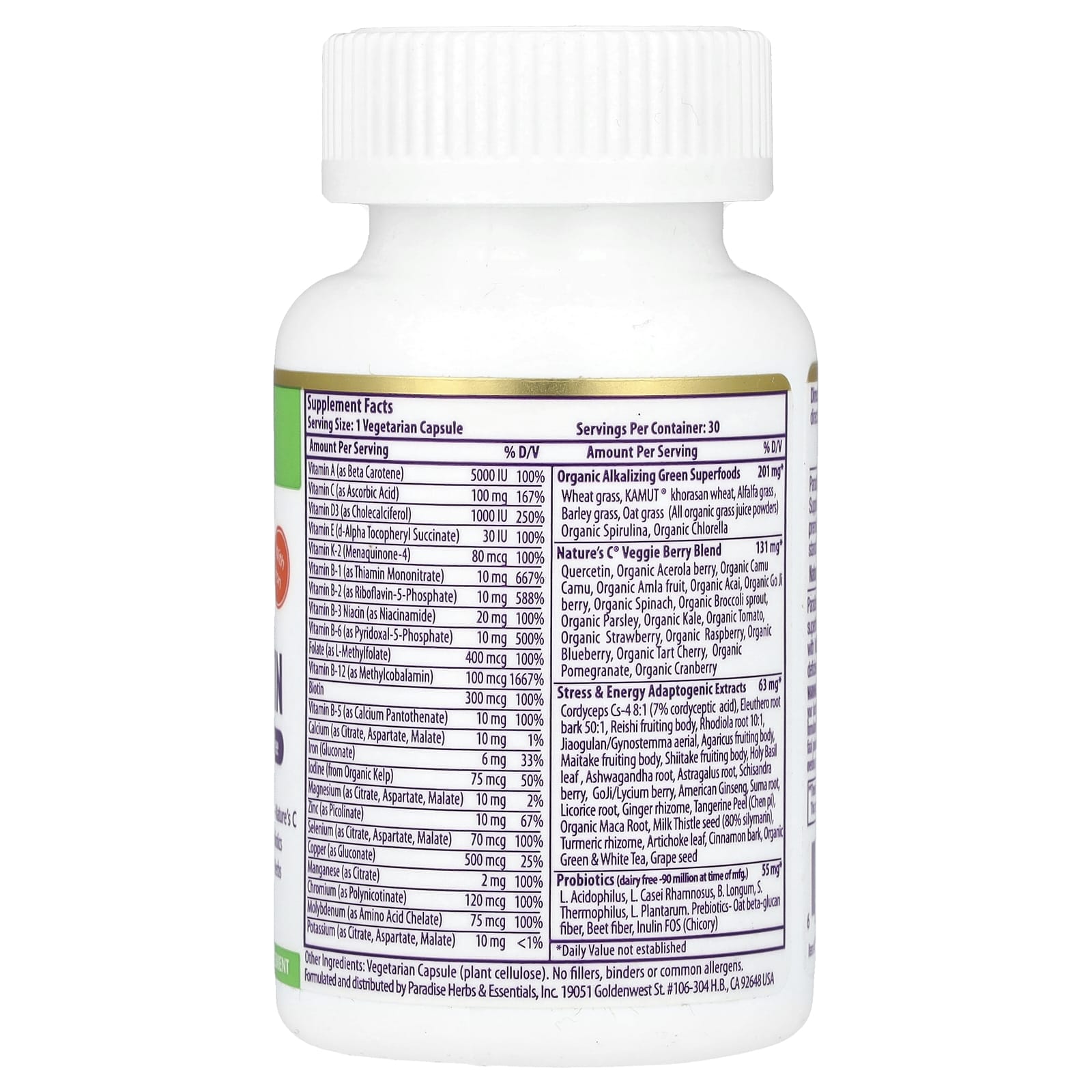 Paradise Herbs, Earth's Blend, One Daily Superfood Multi-Vitamin with Iron, 30 Vegetarian Capsules