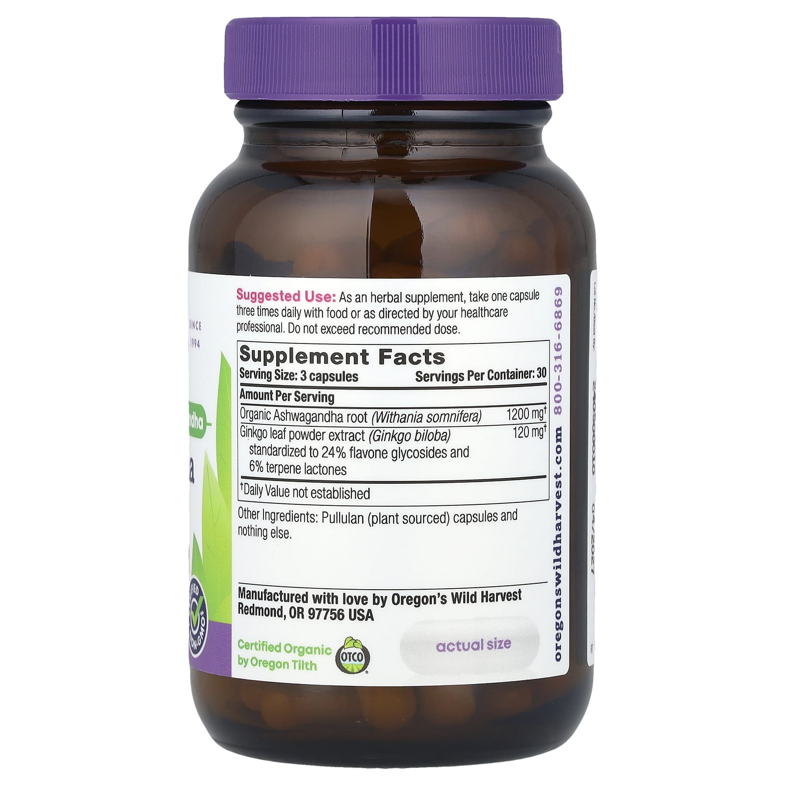 Oregon's Wild Harvest, Ashwagandha Ginkgo, 90 Vegan Capsules