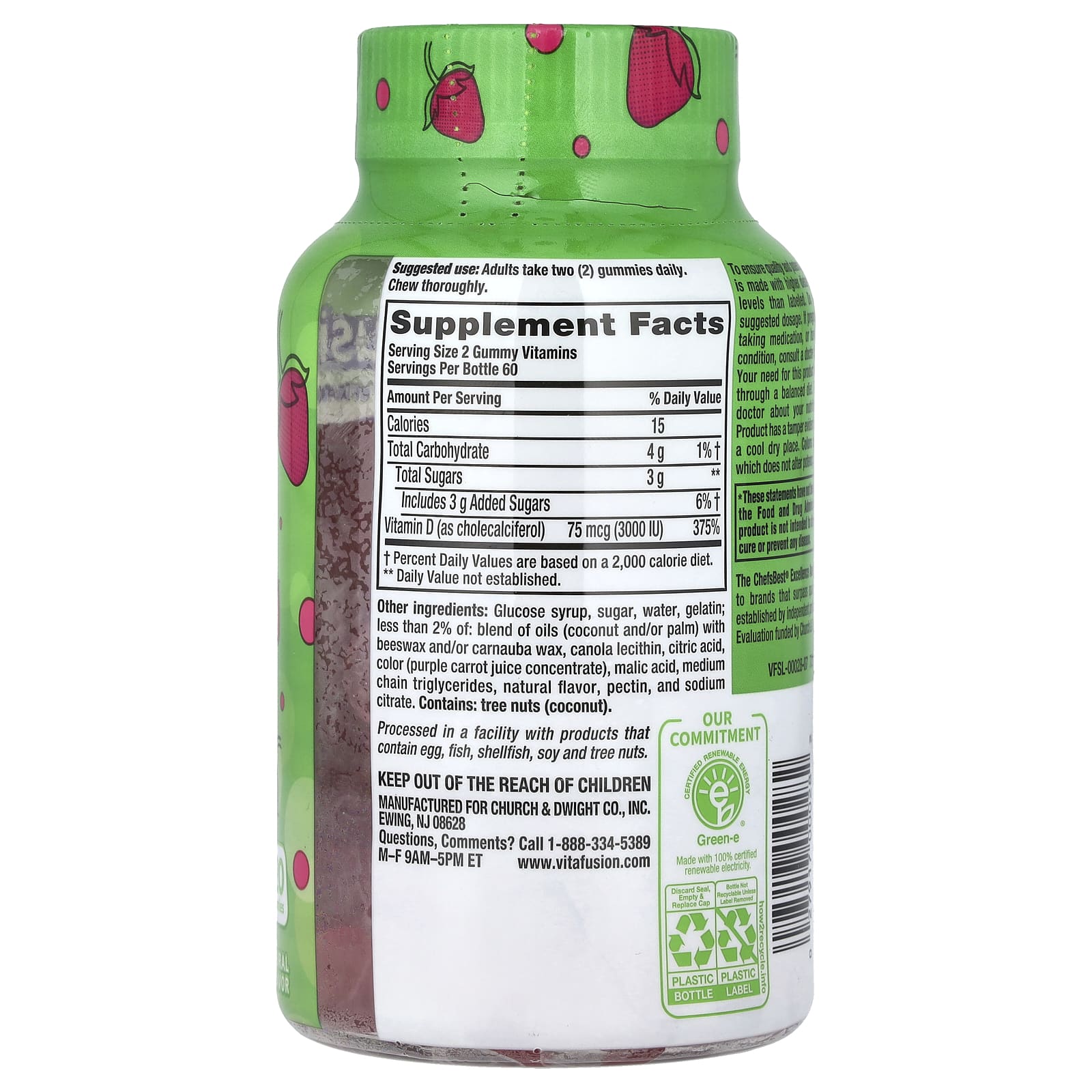 VitaFusion, Gummy Vitamins, Vitamin D3, Natural Strawberry, 75 mcg, 120 Gummies (37.5 mcg per Gummy)