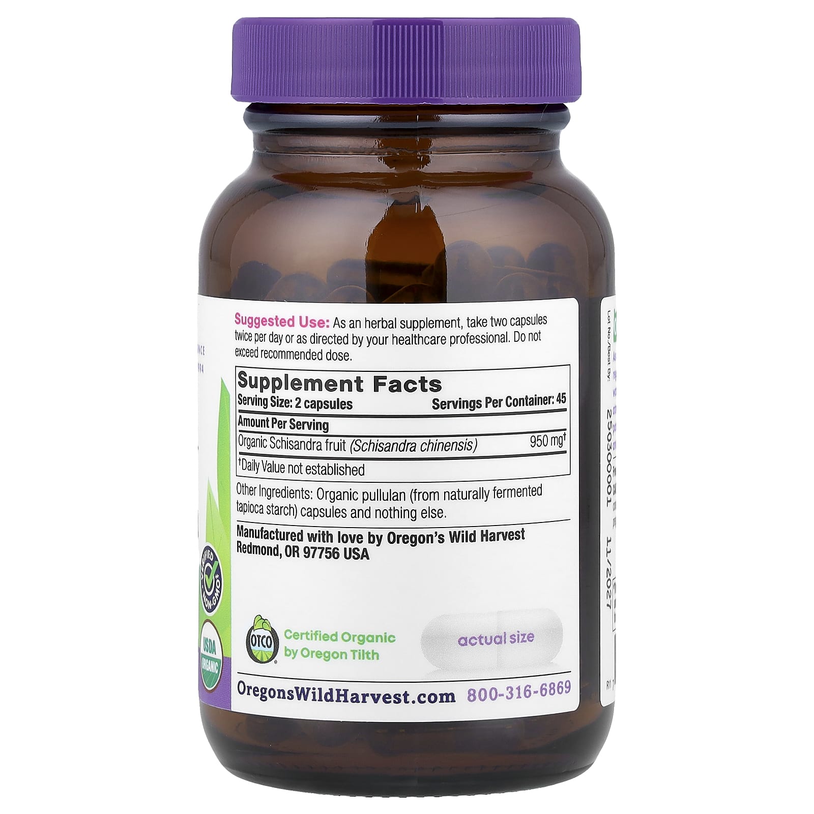 Oregon's Wild Harvest, Organic Schisandra, 90 Organic Vegan Capsules (475 mg per Capsule)