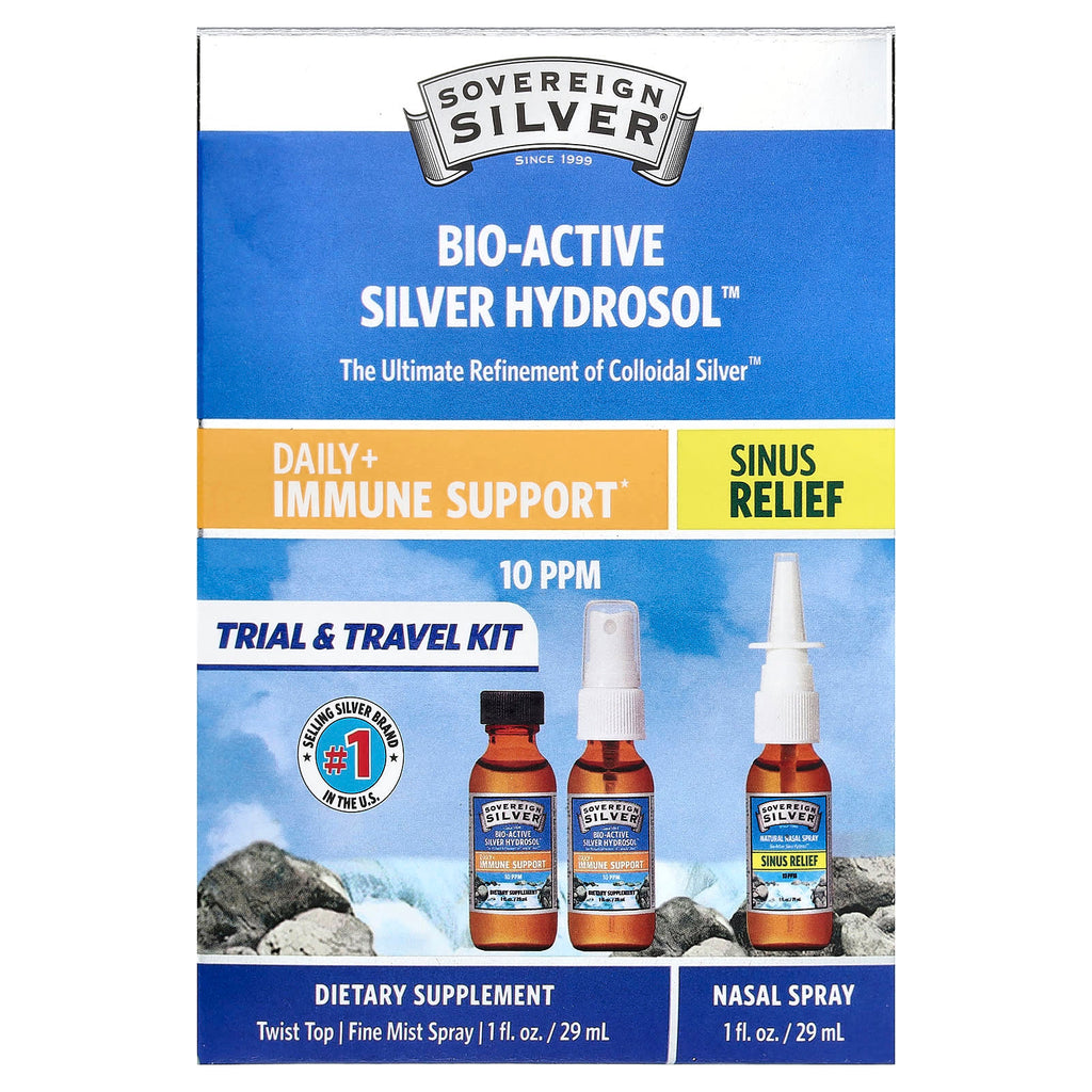 Sovereign Silver, Bio-Active Silver Hydrosol™, Daily + Immune Support, Sinus Relief, Trial & Travel Kit, 3 Piece Kit, 1 fl oz (29 ml) Each