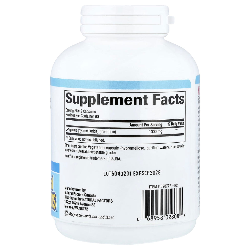 Natural Factors, L-Arginine, 180 Vegetarian Capsules (500 mg per Capsule)