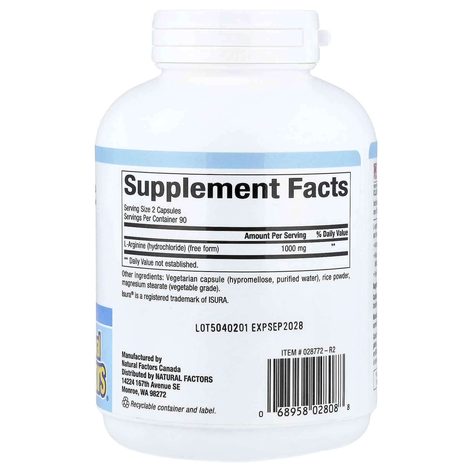 Natural Factors, L-Arginine, 180 Vegetarian Capsules (500 mg per Capsule)