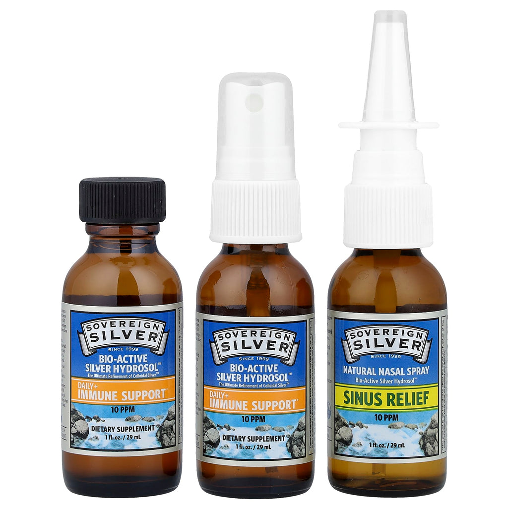 Sovereign Silver, Bio-Active Silver Hydrosol™, Daily + Immune Support, Sinus Relief, Trial & Travel Kit, 3 Piece Kit, 1 fl oz (29 ml) Each