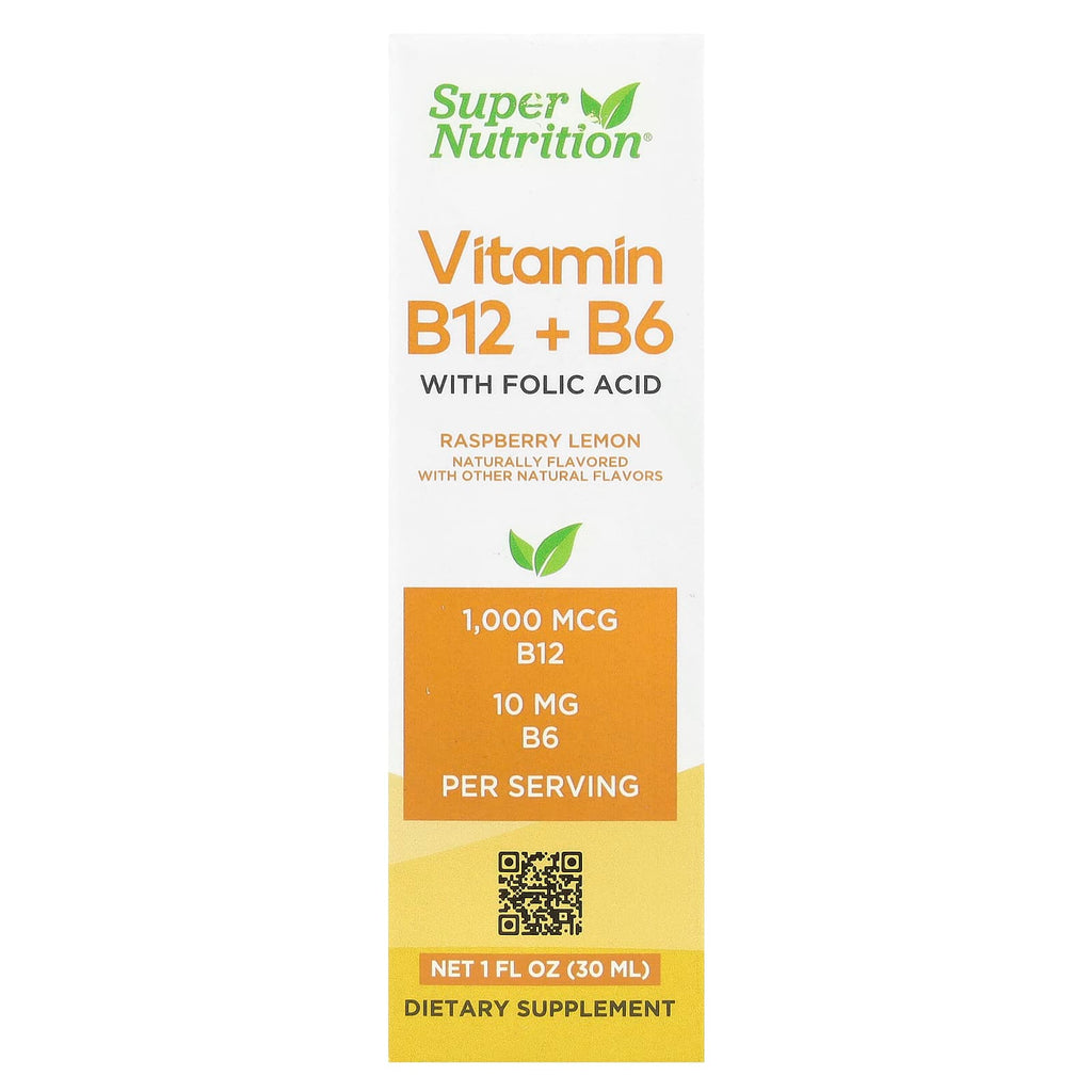 Super Nutrition, Vitamin B12 as Methylcobalamin with Vitamin B6 and Folic Acid, Raspberry Lemon, 1 fl oz (30 ml)