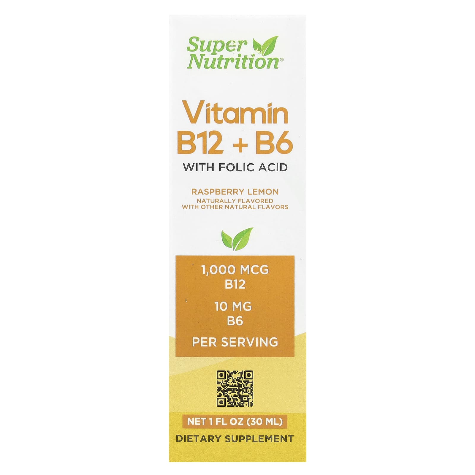 Super Nutrition, Vitamin B12 as Methylcobalamin with Vitamin B6 and Folic Acid, Raspberry Lemon, 1 fl oz (30 ml)